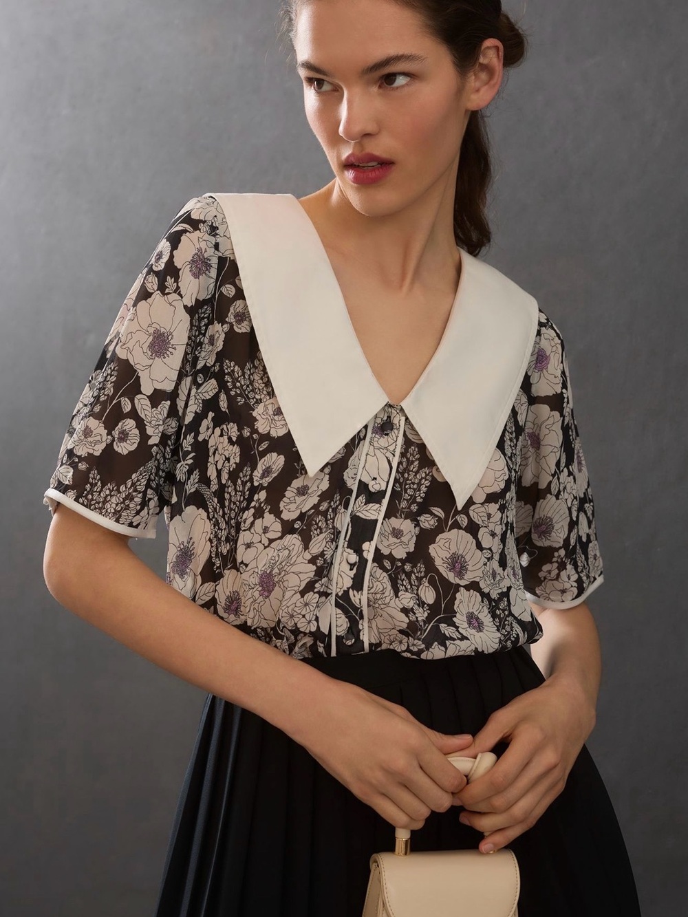 Maeve by Anthropologie Black Floral Crop Top with White Peter Pan Collar